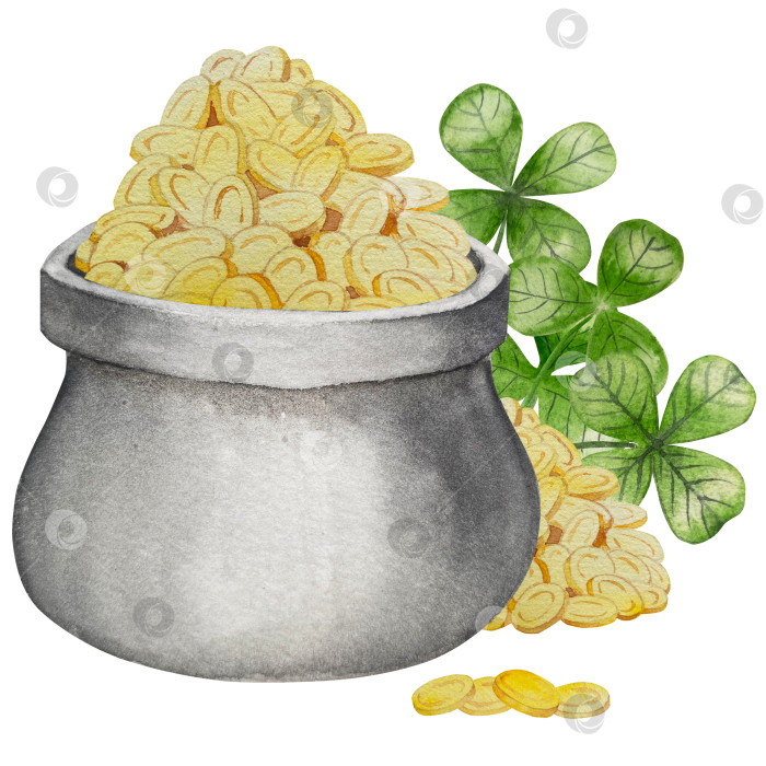 Скачать Набор акварельных иллюстраций ко Дню Святого Патрика. Нарисованный от руки изолированный клипарт с изображением шляпы лепрекона, клевера, золотых монет, ирландского флага, зеленого пива и горшка с золотом. Талисманы на удачу, богатство и успех. Коллекция предметов для праздника. фотосток Ozero