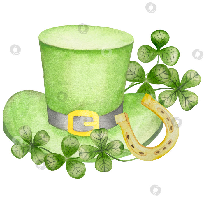 Скачать Набор акварельных иллюстраций ко Дню Святого Патрика. Нарисованный от руки изолированный клипарт с изображением шляпы лепрекона, клевера, золотых монет, ирландского флага, зеленого пива и горшка с золотом. Талисманы на удачу, богатство и успех. Коллекция предметов для праздника. фотосток Ozero