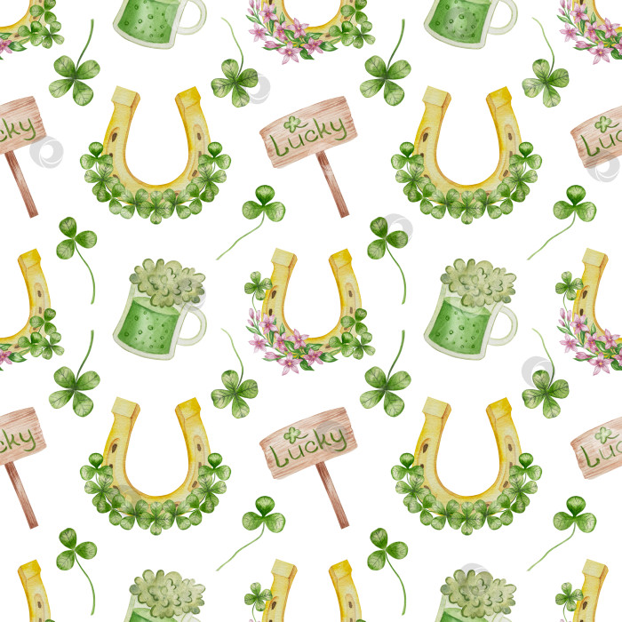 Скачать Набор акварельных иллюстраций ко Дню Святого Патрика. Нарисованный от руки изолированный клипарт с изображением шляпы лепрекона, клевера, золотых монет, ирландского флага, зеленого пива и горшка с золотом. Талисманы на удачу, богатство и успех. Коллекция предметов для праздника. фотосток Ozero