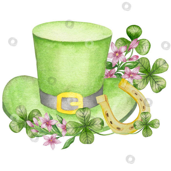 Скачать Набор акварельных иллюстраций ко Дню Святого Патрика. Нарисованный от руки изолированный клипарт с изображением шляпы лепрекона, клевера, золотых монет, ирландского флага, зеленого пива и горшка с золотом. Талисманы на удачу, богатство и успех. Коллекция предметов для праздника. фотосток Ozero