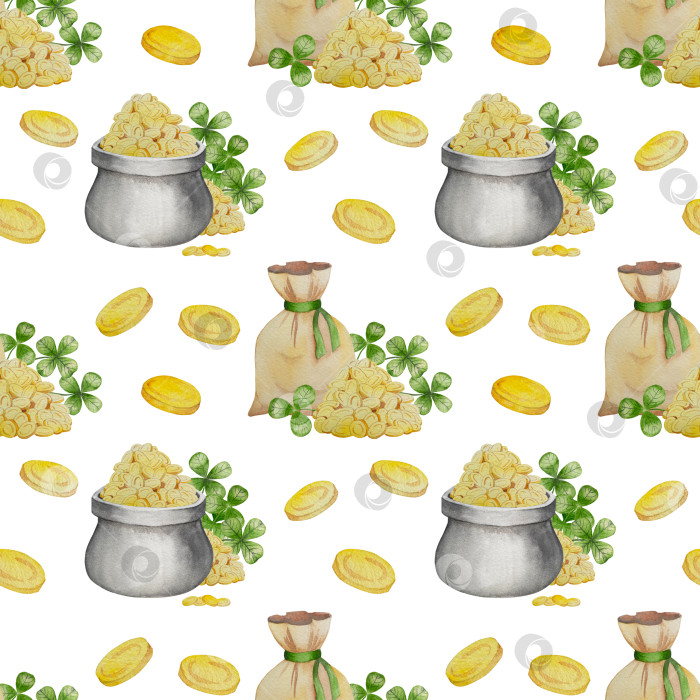 Скачать Набор акварельных иллюстраций ко Дню Святого Патрика. Нарисованный от руки изолированный клипарт с изображением шляпы лепрекона, клевера, золотых монет, ирландского флага, зеленого пива и горшка с золотом. Талисманы на удачу, богатство и успех. Коллекция предметов для праздника. фотосток Ozero