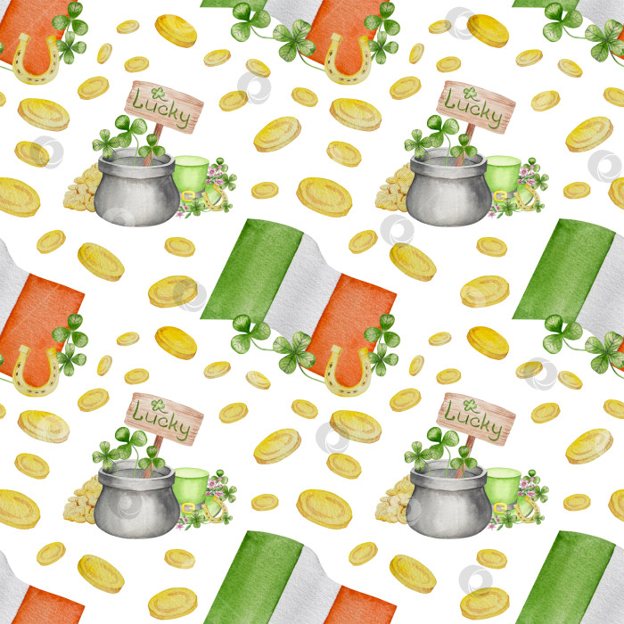 Скачать Набор акварельных иллюстраций ко Дню Святого Патрика. Нарисованный от руки изолированный клипарт с изображением шляпы лепрекона, клевера, золотых монет, ирландского флага, зеленого пива и горшка с золотом. Талисманы на удачу, богатство и успех. Коллекция предметов для праздника. фотосток Ozero