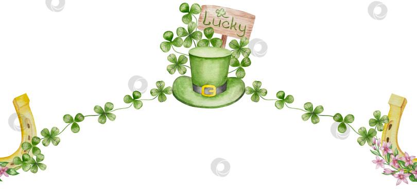 Скачать Набор акварельных иллюстраций ко Дню Святого Патрика. Нарисованный от руки изолированный клипарт с изображением шляпы лепрекона, клевера, золотых монет, ирландского флага, зеленого пива и горшка с золотом. Талисманы на удачу, богатство и успех. Коллекция предметов для праздника. фотосток Ozero