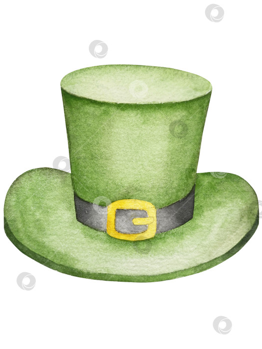 Скачать Набор акварельных иллюстраций ко Дню Святого Патрика. Нарисованный от руки изолированный клипарт с изображением шляпы лепрекона, клевера, золотых монет, ирландского флага, зеленого пива и горшка с золотом. Талисманы на удачу, богатство и успех. Коллекция предметов для праздника. фотосток Ozero