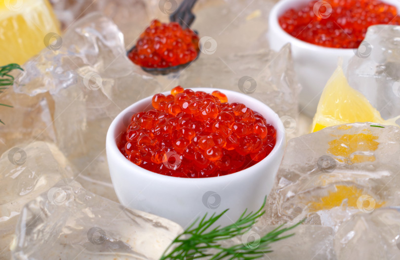 Скачать Набор красной икры в керамических вазочках и в ложках на подносе со льдом фотосток Ozero