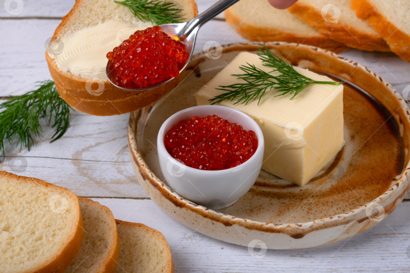 Скачать Красная икра в ложке, сливочное масло, пшеничный хлеб и веточка укропа на керамической тарелке на белом столе фотосток Ozero