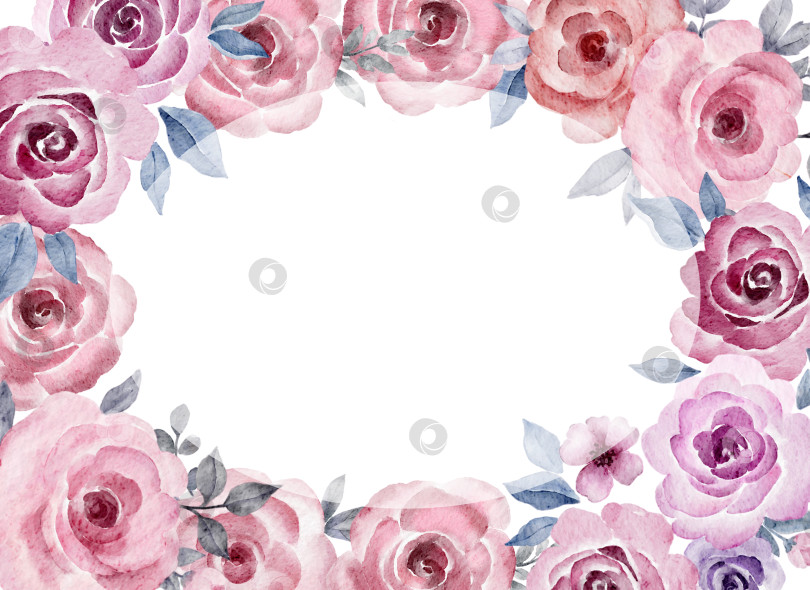 Скачать Акварельная цветочная рамка с розовыми розами и листьями, ботаническая иллюстрация с пустым местом в центре для текста. Подходит для открыток, свадебных приглашений, поздравительных открыток, упаковки или детского праздника. фотосток Ozero