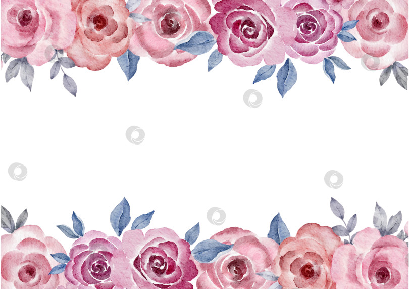 Скачать Акварельная горизонтальная цветочная рамка с розовыми розами, расположенными по верхнему и нижнему краям. Ботаническая иллюстрация подходит для свадебных приглашений, открыток, баннеров, упаковки или канцелярских принадлежностей для детского праздника. фотосток Ozero