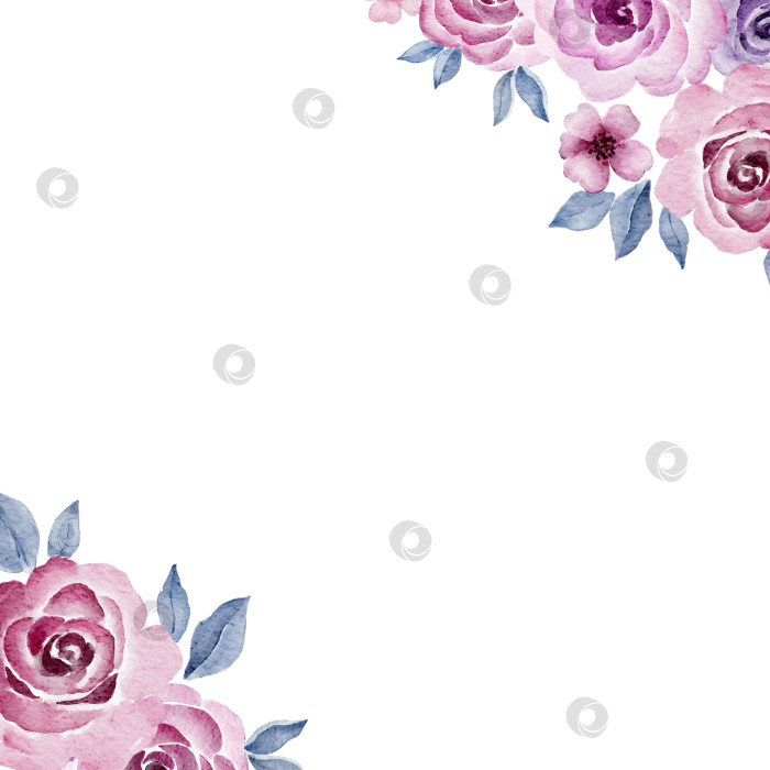 Скачать Цветочная угловая рамка с розовыми розами и листьями, расположенными в противоположных углах. Ботаническая акварельная иллюстрация для свадебных приглашений, открыток, поздравительных открыток, этикеток для упаковки или женских канцелярских принадлежностей. фотосток Ozero