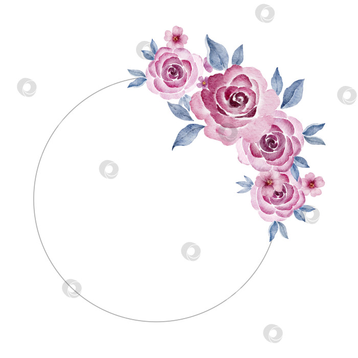 Скачать Круглая цветочная рамка с розовыми розами и листьями, расположенными по одну сторону круга. Ботаническая акварельная иллюстрация венка для свадебных приглашений, открыток, этикеток, поздравительных открыток, упаковки или детского праздника. фотосток Ozero