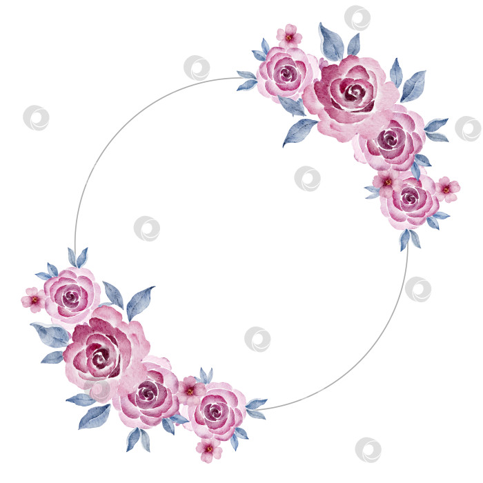 Скачать Акварельный круглый цветочный венок с розовыми розами и листьями. Ботаническая иллюстрация для свадебных приглашений, открыток, этикеток, поздравительных открыток, вкладышей в упаковку или канцелярских принадлежностей для детского праздника. фотосток Ozero