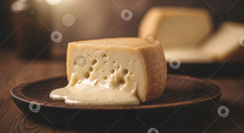 Скачать Ломтик изысканного швейцарского сыра, тающий на деревянной тарелке в деревенском стиле. Вкуснейшая молочная закуска и концепция фондю. фотосток Ozero