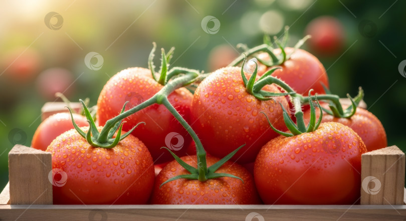 Скачать Свежие спелые красные помидоры в деревянном ящике с каплями воды. Крупный план летнего урожая в саду. Концепция здорового органического питания. фотосток Ozero