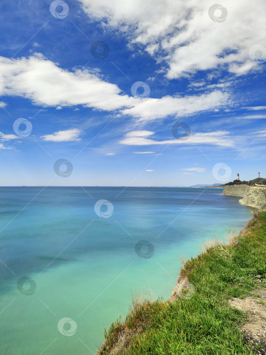 Скачать Морское побережье, скалы и деревья на фоне голубого неба, морской пейзаж, фон, обои для рабочего стола фотосток Ozero