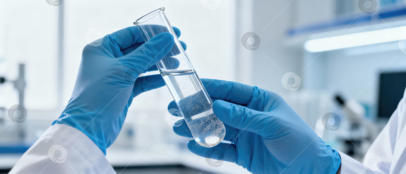Скачать Ученый держит в руках пробирку с образцом жидкости в лаборатории. Концепция медицинских исследований и химического анализа. Крупный план научного эксперимента фотосток Ozero