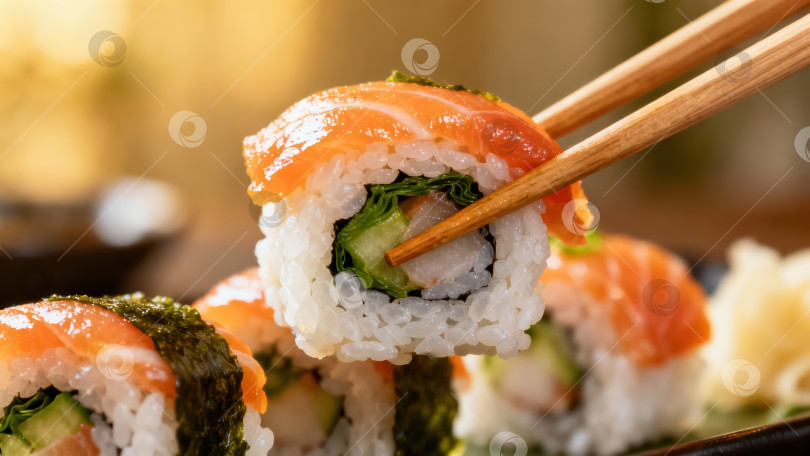 Скачать Крупный план суши-ролла с лососем, который держат палочками для еды. Свежее японское блюдо маки с сырой рыбой и рисом. Концепция азиатской кухни фотосток Ozero