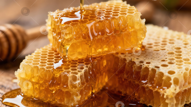 Скачать Золотистый мед, стекающий по свежим пчелиным сотам. Крупный план натурального пчелиного воска на деревянном фоне в деревенском стиле. Концепция полезных сладостей фотосток Ozero