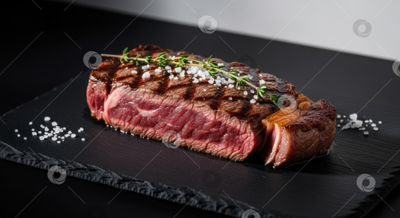 Скачать Говяжий стейк средней прожарки, приготовленный на гриле для гурманов. Нарезанное сочными ломтиками филе-миньон с солью и тимьяном на тарелке из черного грифельного листа фотосток Ozero