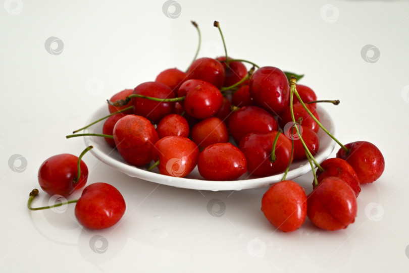 Скачать Минималистичный натюрморт с тарелкой спелой черешни на белом фоне фотосток Ozero