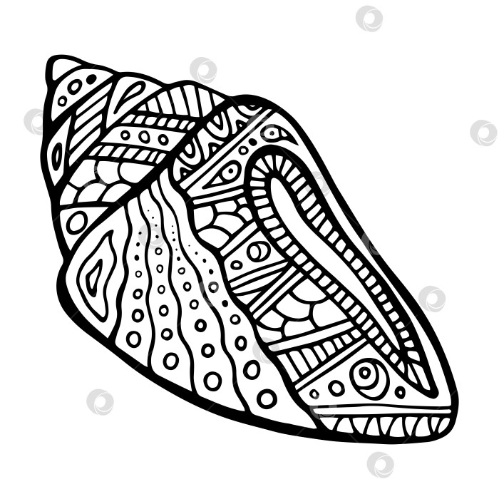Скачать Декоративная полинезийская раковина, нарисованная вручную. Монохромная раковина маори в стиле Зенарт, выделенная на белом фоне. Декоративная раковина в стиле дзен-дудл в племенном стиле для тату или раскраски для арт-терапии. фотосток Ozero