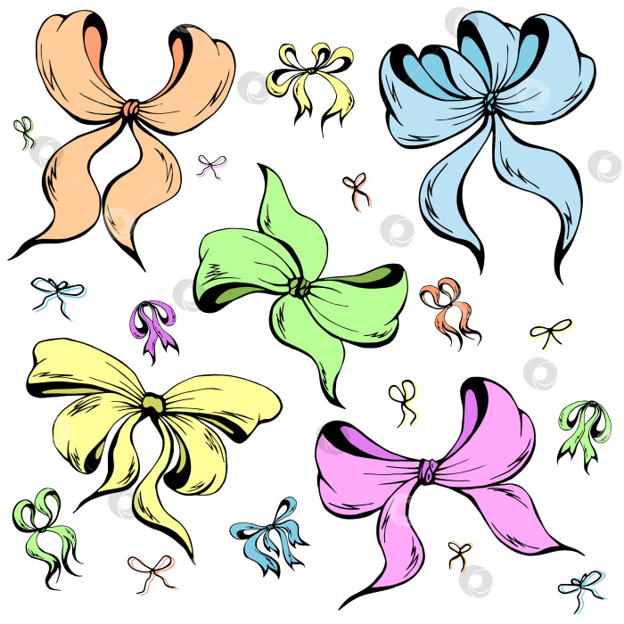 Скачать Набор красочных мягких бантиков, нарисованных от руки, на белом фоне. Коллекция милых разноцветных плоских векторных бантиков для праздничного оформления фотосток Ozero