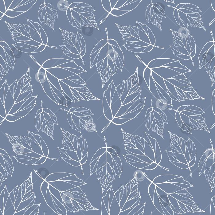 Скачать Падающие листья создают бесшовный узор. На фоне безграничной листвы пастельных голубых и белых тонов. Бесконечная текстура трав. Листья повторяют рисунок поверхности. Милый ботанический фон. фотосток Ozero