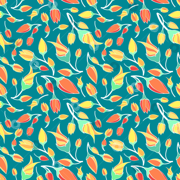 Скачать Нарисованные вручную цветы тюльпана-каракули с неправильным бесшовным рисунком. Красные, оранжевые, желтые цветочные мотивы повторяются в произвольном порядке на поверхности. Бесконечная текстура на бирюзовом фоне для текстиля, канцелярских принадлежностей, подарочной бумаги фотосток Ozero