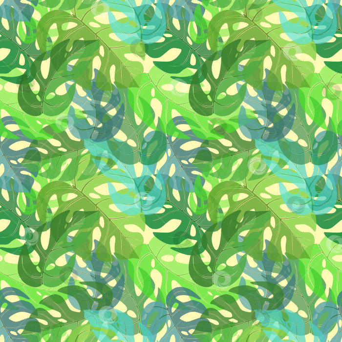 Скачать Ярко-зеленые листья монстеры образуют неровный бесшовный узор. Бесконечная текстура тропических цветов повторяется в произвольном порядке. Экзотический фон в пастельных тонах. Растения летнего рая повторяют дизайн поверхности фотосток Ozero