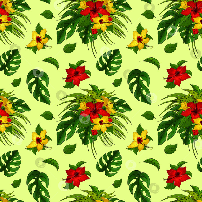 Скачать Бесшовный узор из цветов гибискуса и листьев монстеры на зеленом фоне. Бесконечная текстура красных и желто-зеленых тропических цветов. Экзотический яркий безграничный фон. Дизайн поверхности из растений летнего рая фотосток Ozero