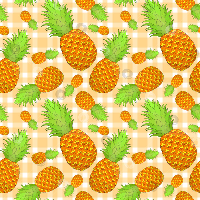 Скачать Бесшовный узор в виде ананаса на клетчатом фоне. Тропические фрукты, повторяющие бесконечную текстуру. Аппетитный безграничный фон. Дизайн поверхности для приготовления пищи. Редактируемая плитка для текстиля или канцелярских принадлежностей фотосток Ozero