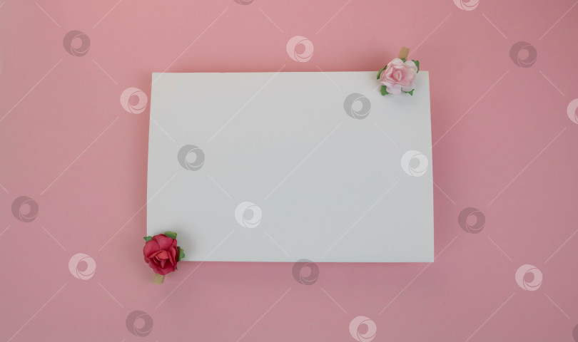 Скачать Лист белой бумаги для заметок с деревянными прищепками с красными и розовыми цветами на розовом фоне. Место для вашего текста. Концепция праздника, день рождения, 8 марта, День святого Валентина. фотосток Ozero