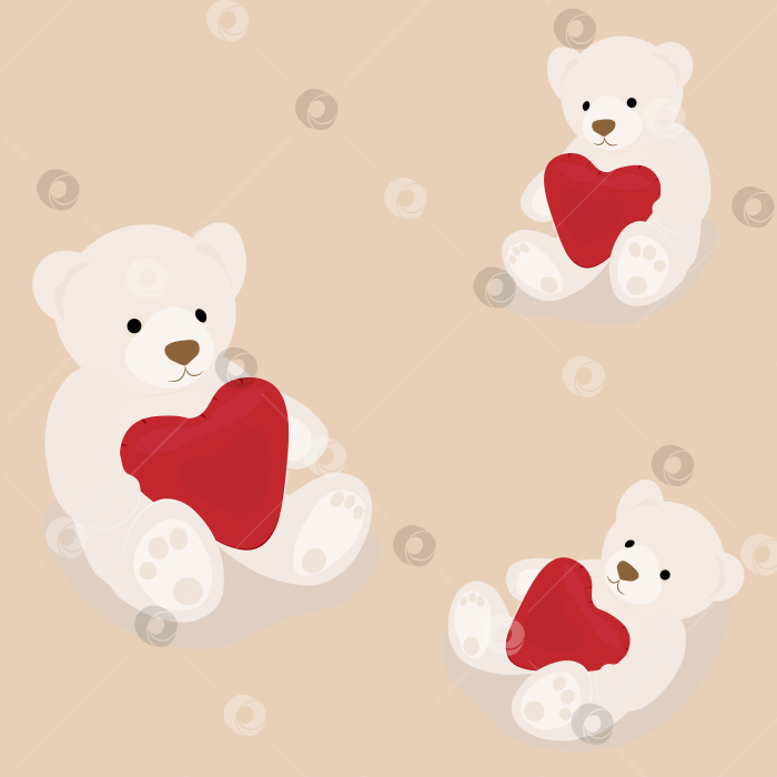 Скачать На персиковом фоне изображены три светло-бежевых медведя с красными сердечками, два сидящих и один упавший. фотосток Ozero