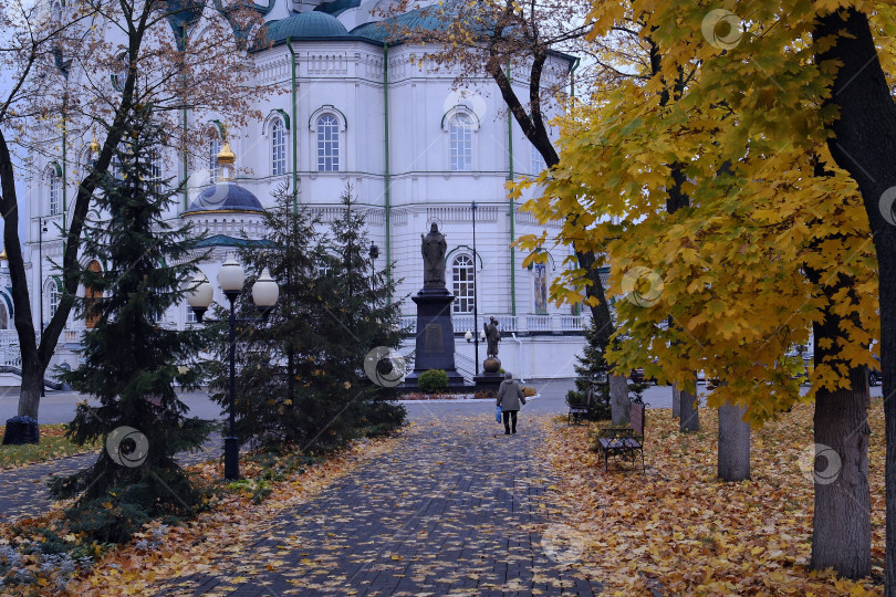 Скачать Дорожка ведущая к Благовещенскому кафедральному собору. Осенний пасмурный день, листопад фотосток Ozero