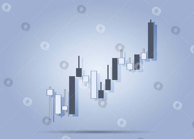 Скачать На иллюстрации изображен свечной график, показывающий восходящие тенденции на финансовом рынке. На нем представлены такие виды деятельности, как торговля, покупка и продажа акций. В графическом оформлении использованы простые формы фотосток Ozero