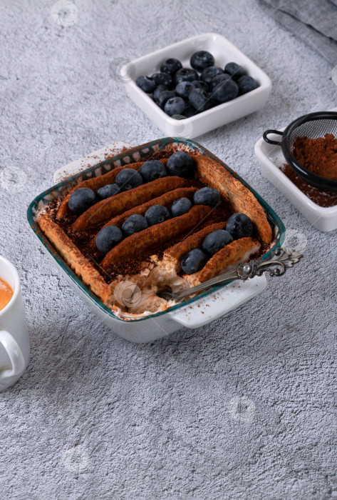 Скачать Модный японский йогуртовый чизкейк с печеньем бисквитом и черникой в керамической миске фотосток Ozero