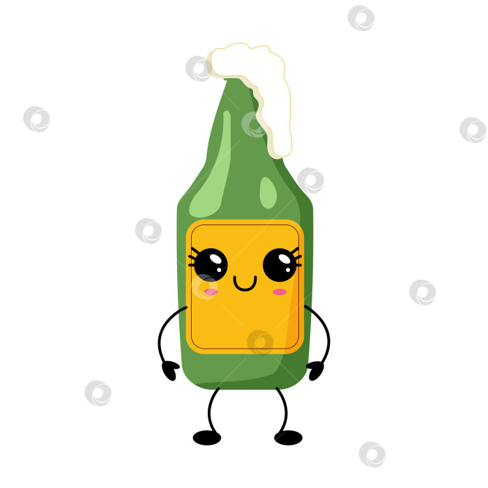 Скачать Кавайная мультяшная бутылка пива с улыбающимся лицом и пенистой крышкой фотосток Ozero