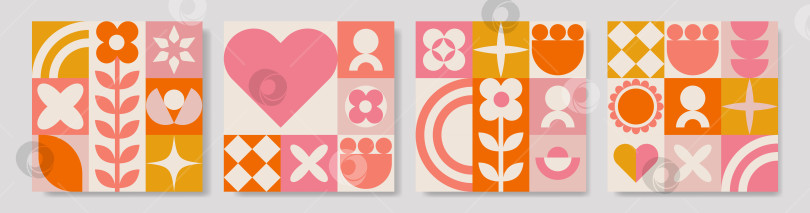 Скачать Открытки с геометрическим рисунком в виде цветов и сердечек розового и оранжевого цветов фотосток Ozero
