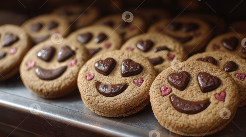 Скачать Поднос с печеньем с улыбающимися эмодзи, шоколадными сердечками и розовыми детками фотосток Ozero