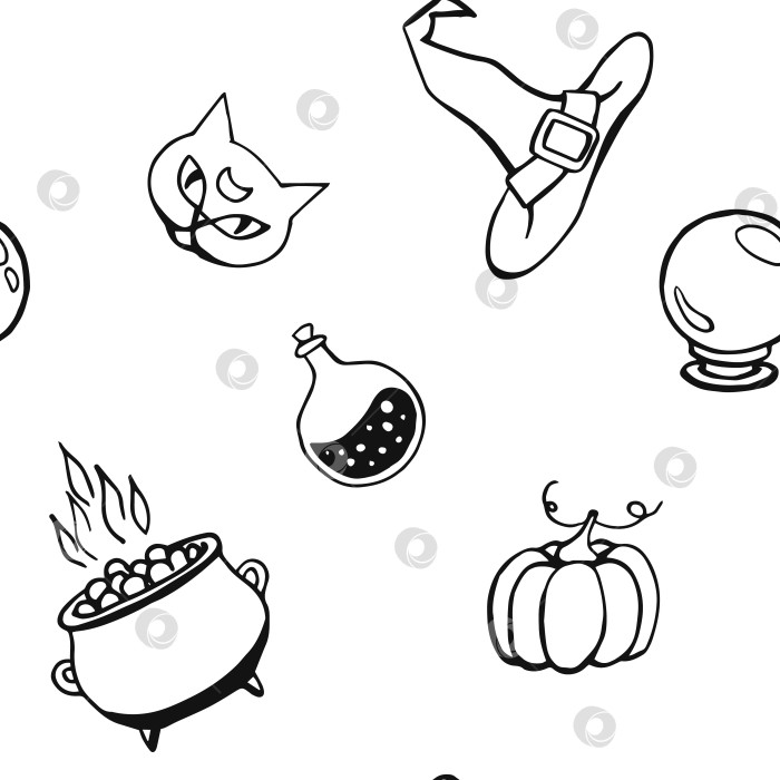 Скачать Колдовство, магический фон для ведьм и волшебников. Векторный бесшовный узор в винтажном стиле. Нарисованные от руки магические инструменты, концепция колдовства фотосток Ozero