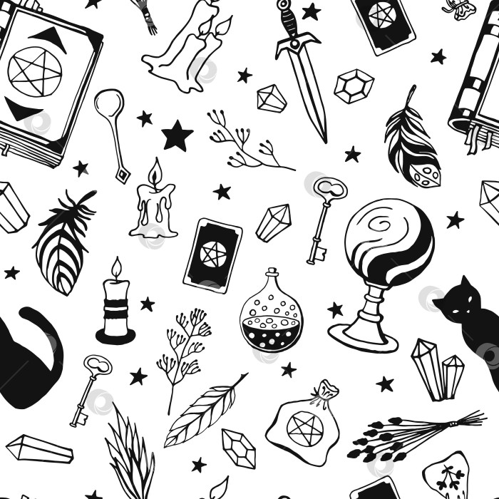 Скачать Колдовство, магический фон для ведьм и волшебников. Векторный бесшовный узор в винтажном стиле. Нарисованные от руки магические инструменты, концепция колдовства. фотосток Ozero