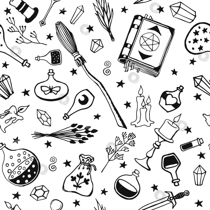 Скачать Колдовство, магический фон для ведьм и волшебников. Векторный бесшовный узор в винтажном стиле. Нарисованные от руки магические инструменты, концепция колдовства. фотосток Ozero