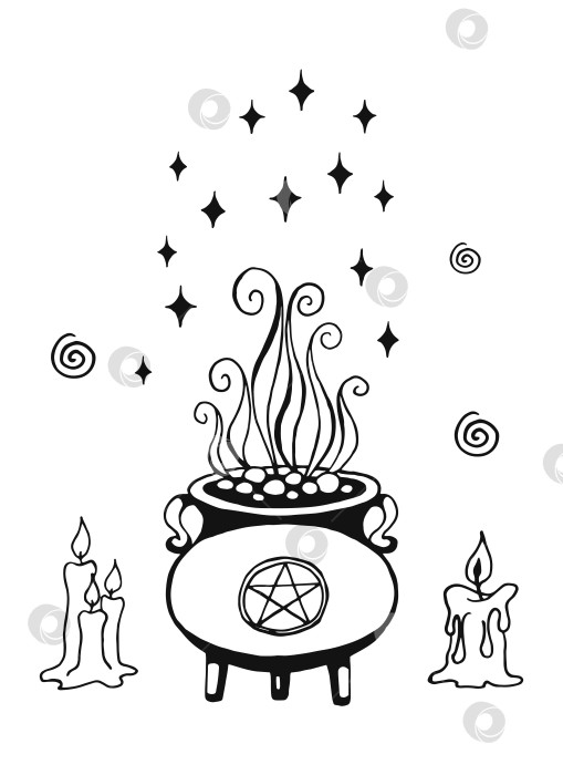 Скачать Колдовство, магический фон для ведьм и волшебников. Векторная винтажная коллекция. Нарисованные от руки магические инструменты, концепция колдовства. Нарисованные магические инструменты: свечи, котел. фотосток Ozero
