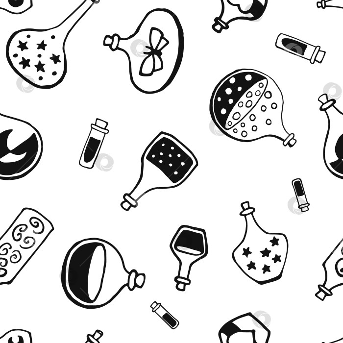 Скачать Бесшовный узор с волшебными бутылочками ведьмы и завариваемым напитком с по фотосток Ozero