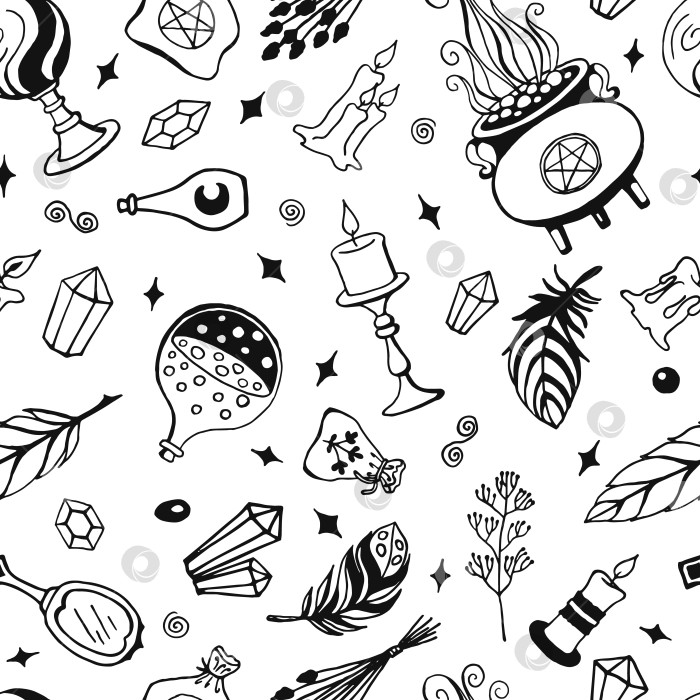 Скачать Колдовство, магический фон для ведьм и волшебников. Векторный бесшовный узор в винтажном стиле. Нарисованные от руки магические инструменты, концепция колдовства. фотосток Ozero