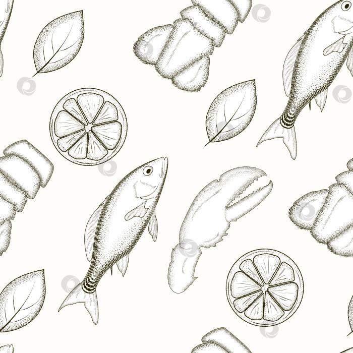 Скачать Паттерн с  рыбой, частями омара и цитрусовыми элементами. Гравюра.  Ручной рисунок эскиза. фотосток Ozero