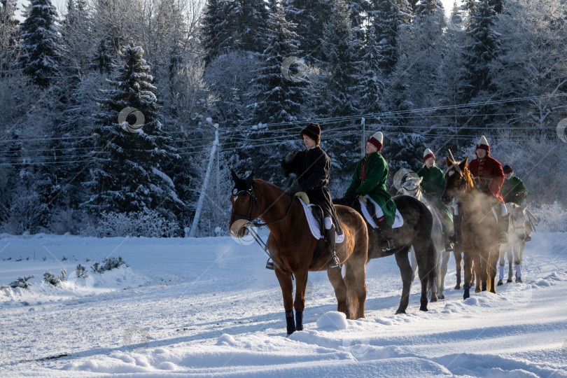 Скачать Всадники в исторической одежде верхом на лошадях в зимний день. фотосток Ozero