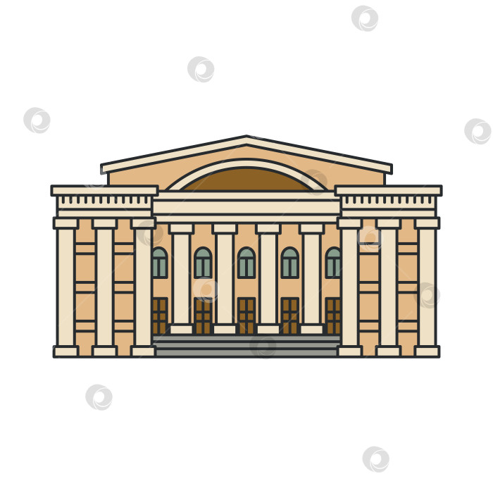 Скачать Классическое здание с колоннадным фасадом и центральным входом. Иллюстрация. Объект, выделенный на белом фоне. Архитектура, история, туризм. фотосток Ozero