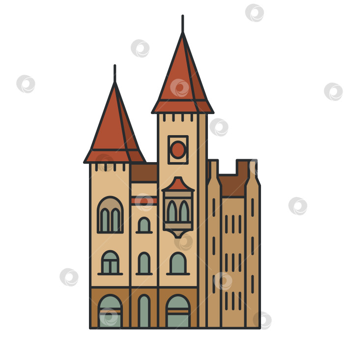 Скачать Историческое здание с башнями и остроконечными крышами в мультяшном стиле. Иллюстрация. Объект, выделенный на белом фоне. фотосток Ozero