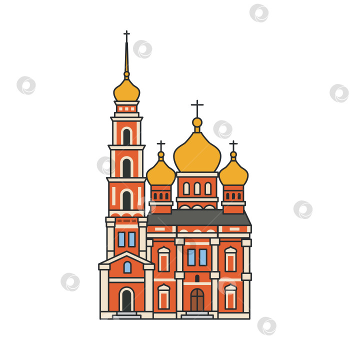 Скачать Православная церковь с колокольней и золотыми луковичными куполами. Иллюстрация. Объект, выделенный на белом фоне. Религиозная архитектура, достопримечательность города. фотосток Ozero
