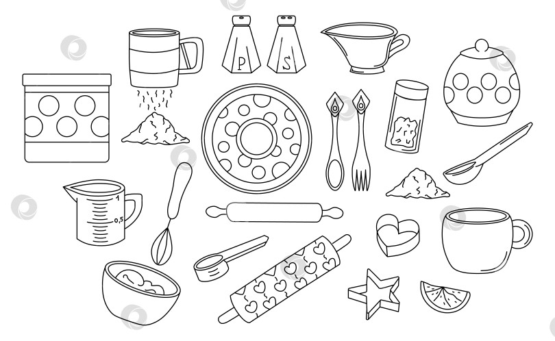 Скачать Набор кухонных принадлежностей. Коллекция кухонных принадлежностей для приготовления пищи и выпечки. Раскраски. Инструменты для приготовления рецептов фотосток Ozero